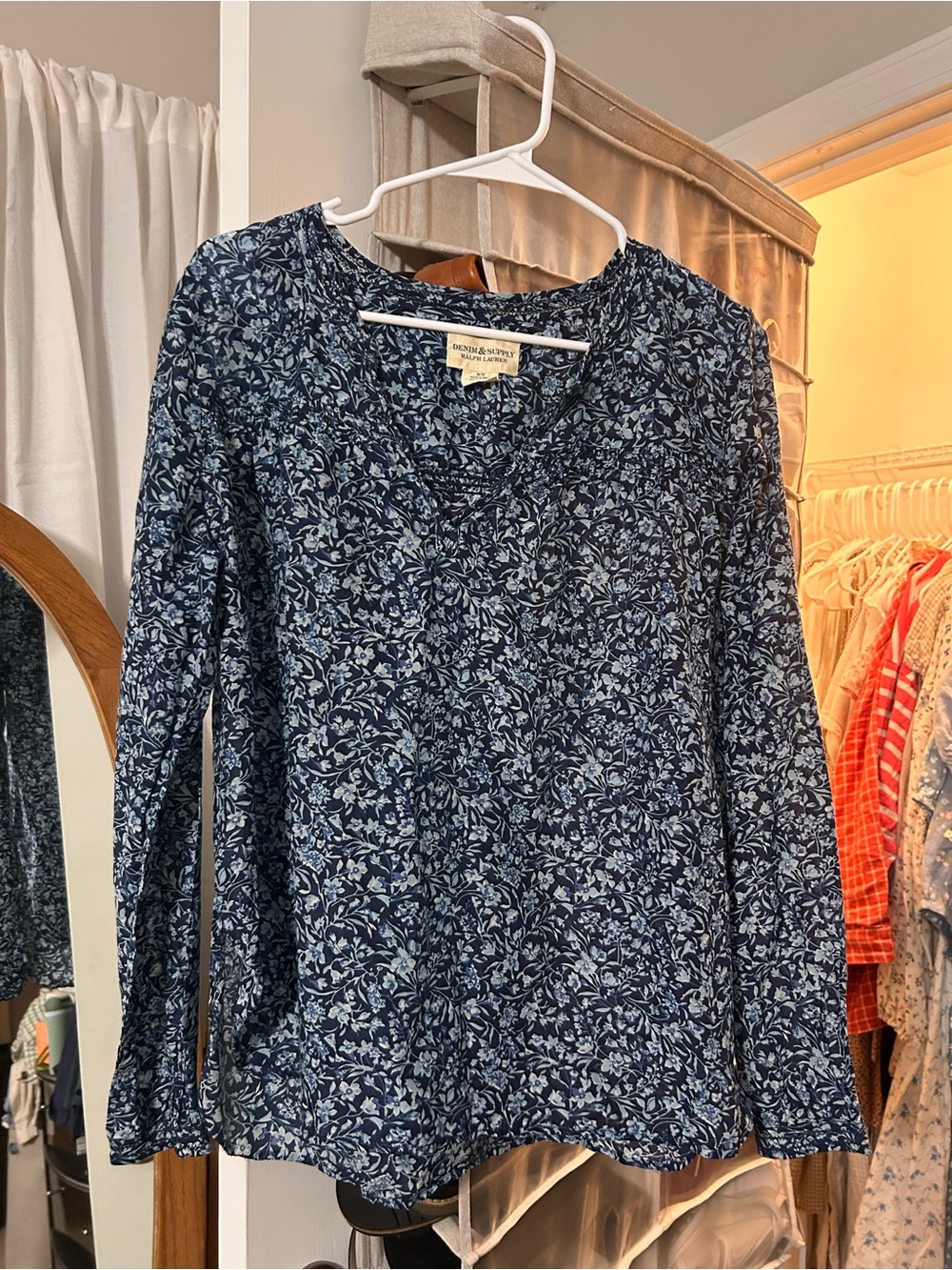 Denim & Supply Ralph Lauren Navy Floral Long-Sleeve Top Silk Cotton Blend